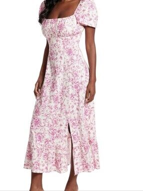New London Times Linen Blend Square Neck Floral Midi Dress Ivory/Pink Size 12